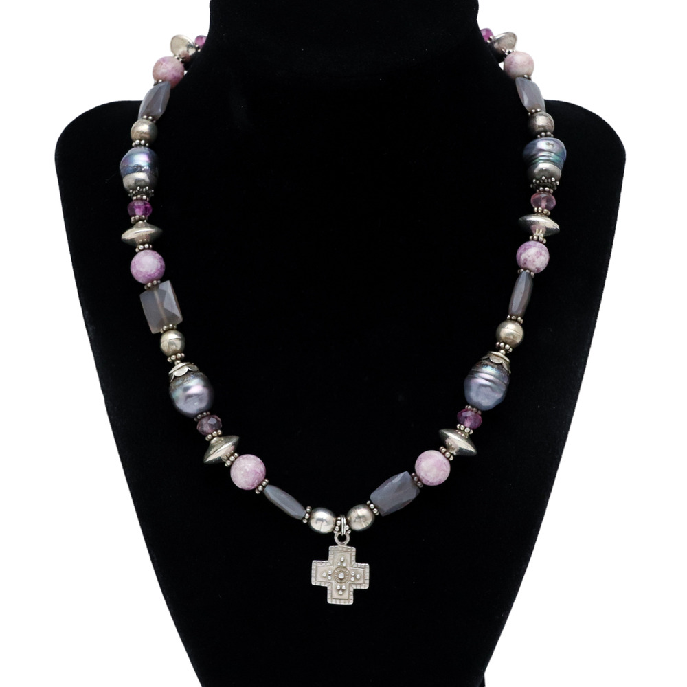 Vintage Sterling Silver 925 Pearl Agate Amethyst Cross Pendant Necklace | 19”